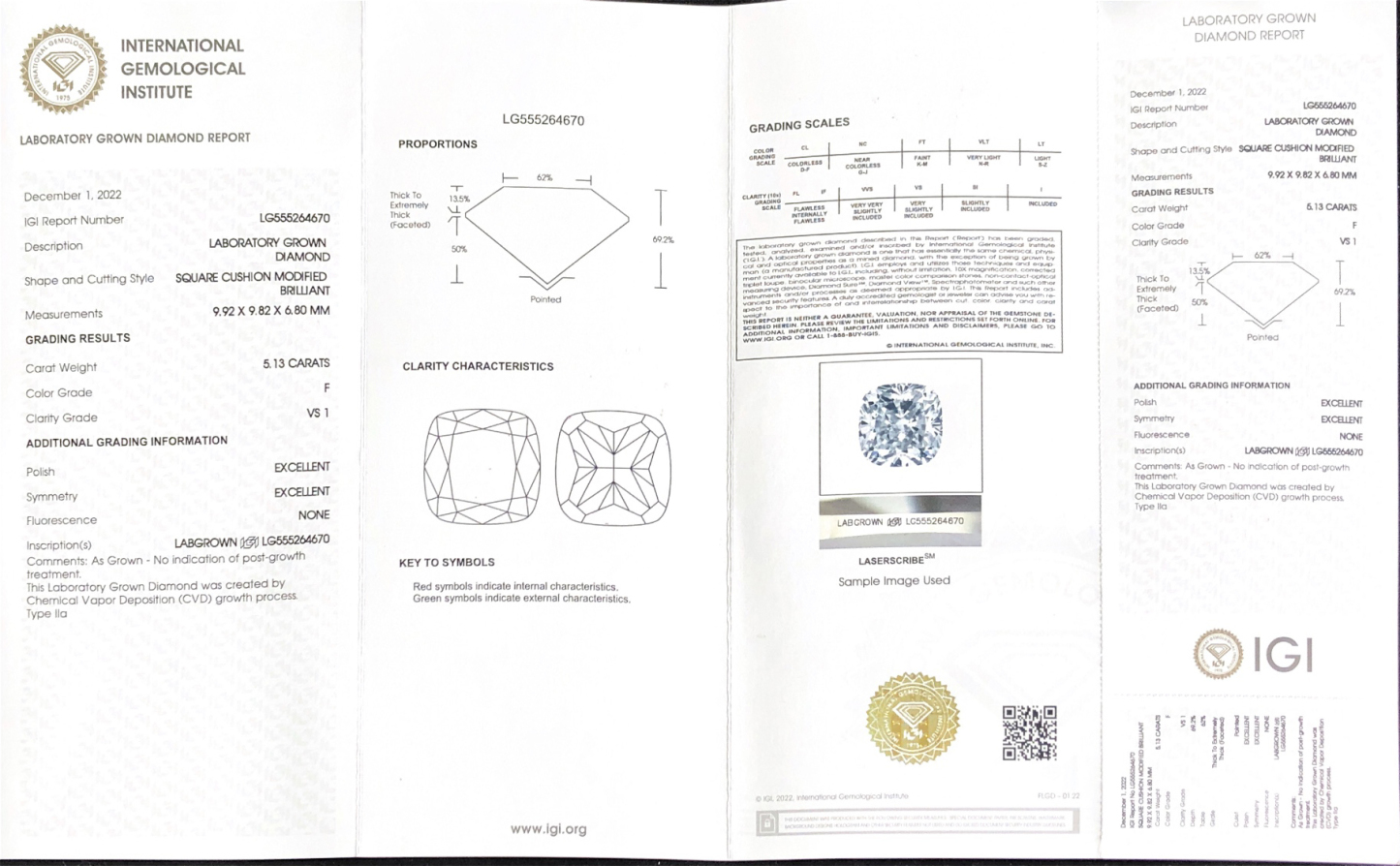 CVD LG555264670 Square Cushion Modified Brilliant 5.13CT F VS1 EX EX Lab Grown Diamond