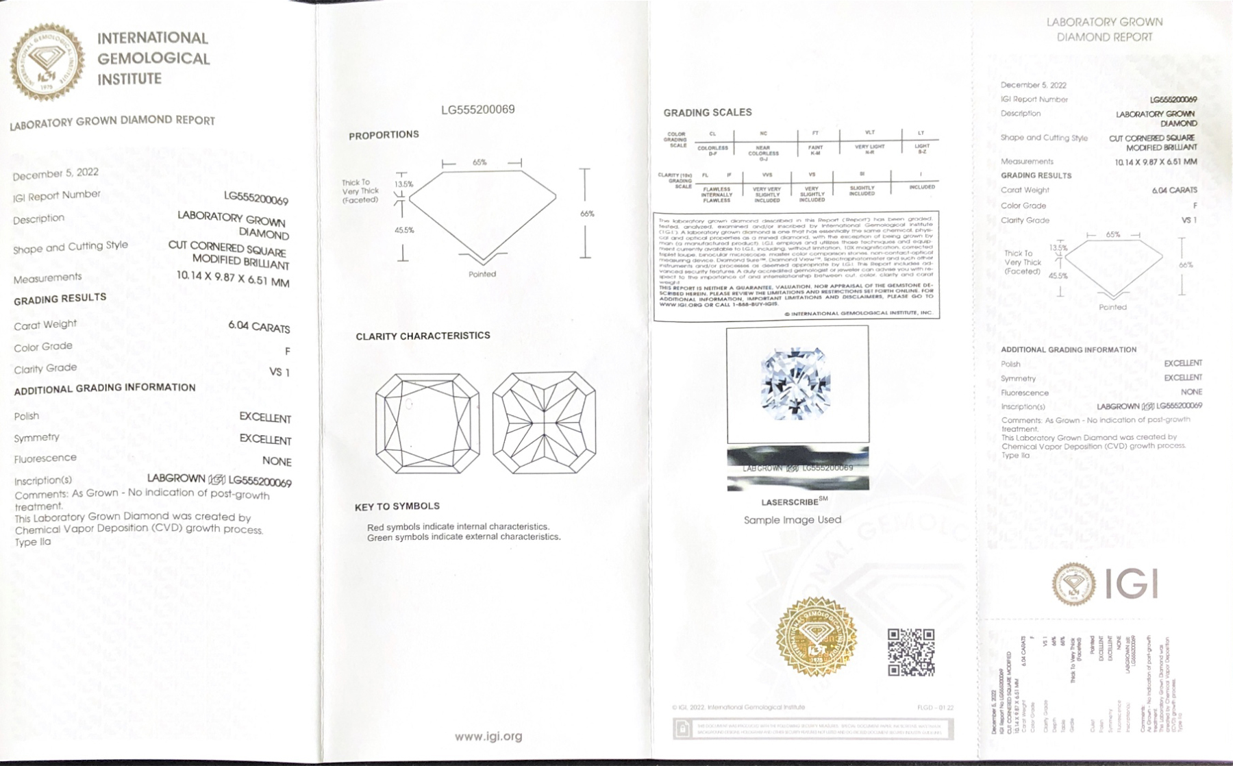 CVD LG555200069 Cut Cornered Rectangular Modified Brilliant 6.04CT F VS1 EX EX Lab Grown Diamond