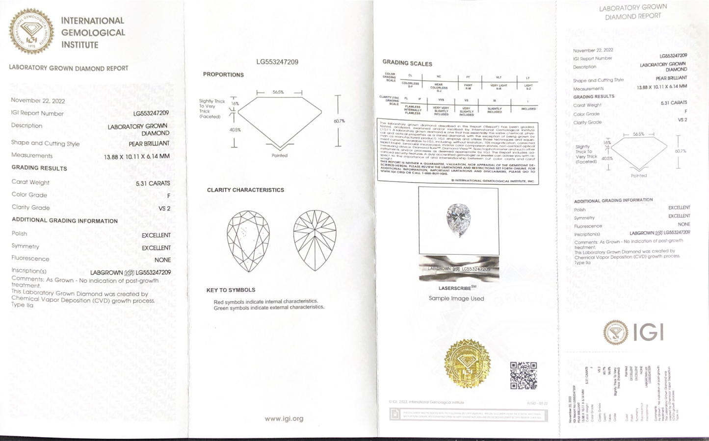 CVD LG553247209 Pear Shape 5.31CT F VS2 EX EX Lab Grown Diamond