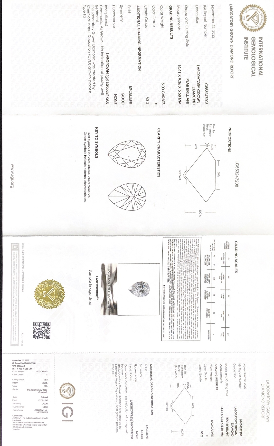CVD LG553247208 Pear Shape 5.00CT F VS2 EX G Lab Grown Diamond