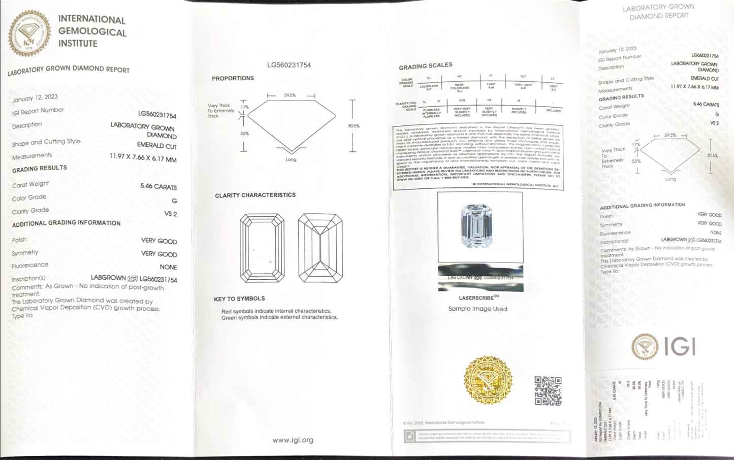 CVD LG560231754 Emerald Shape 5.46CT G VS2 VG VG Lab Grown Diamond