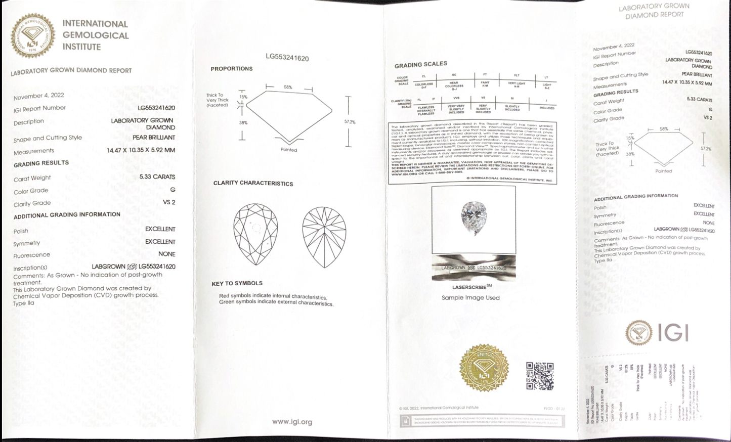 CVD LG553241620 Pear Shape 5.33CT G VS2 EX EX Lab Grown Diamond