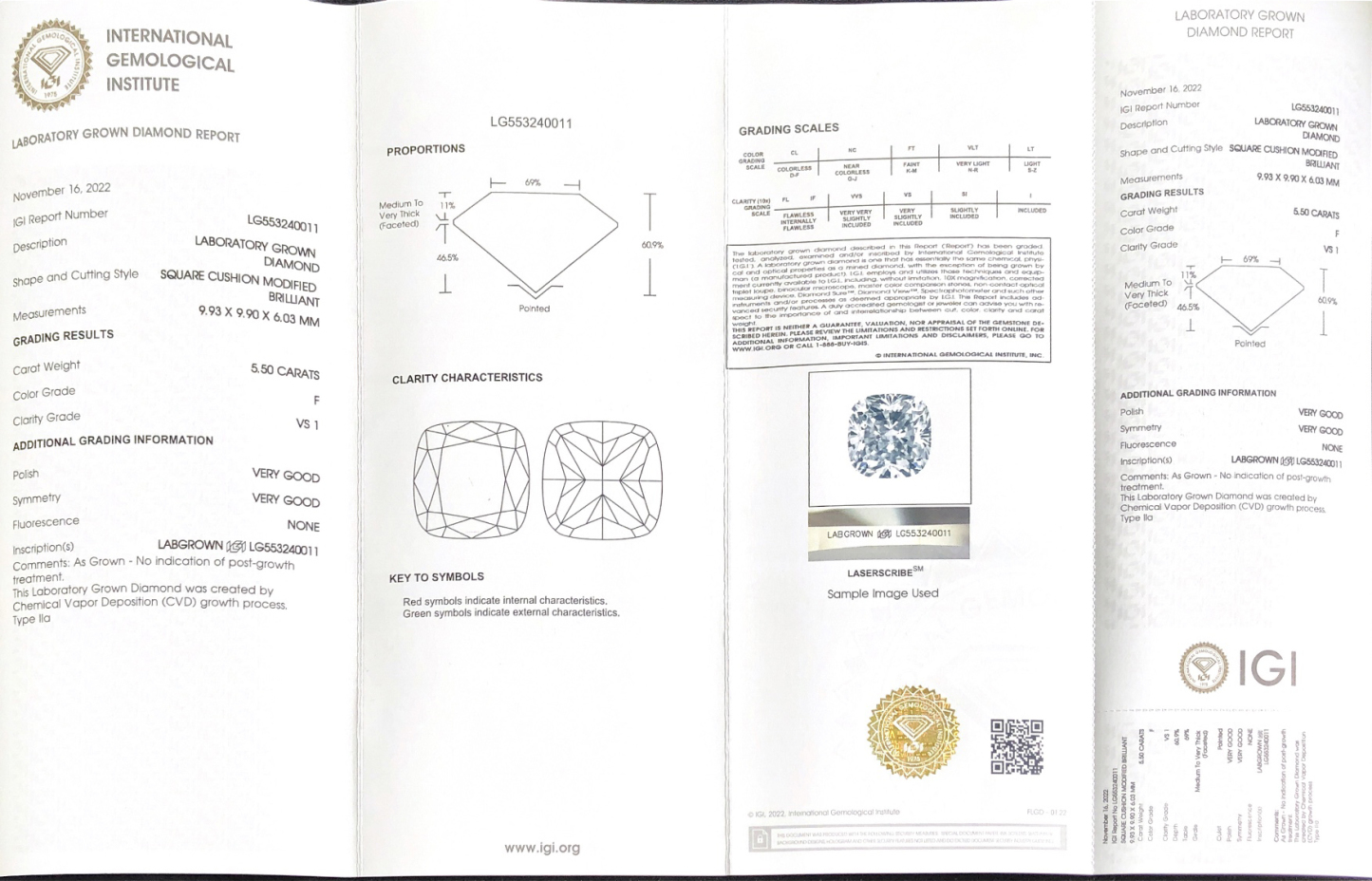 CVD LG553240011 Square Cushion Modified Brilliant 5.50CT F VS1 VG VG Lab Grown Diamond