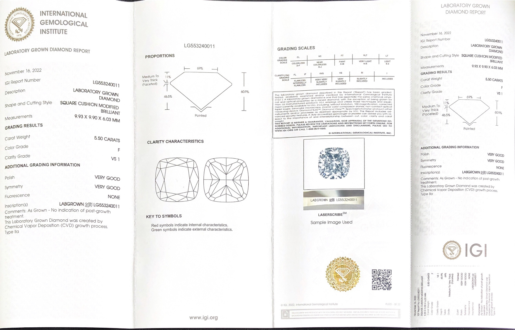 CVD LG553240011 Square Cushion Modified Brilliant 5.50CT F VS1 VG VG Lab Grown Diamond