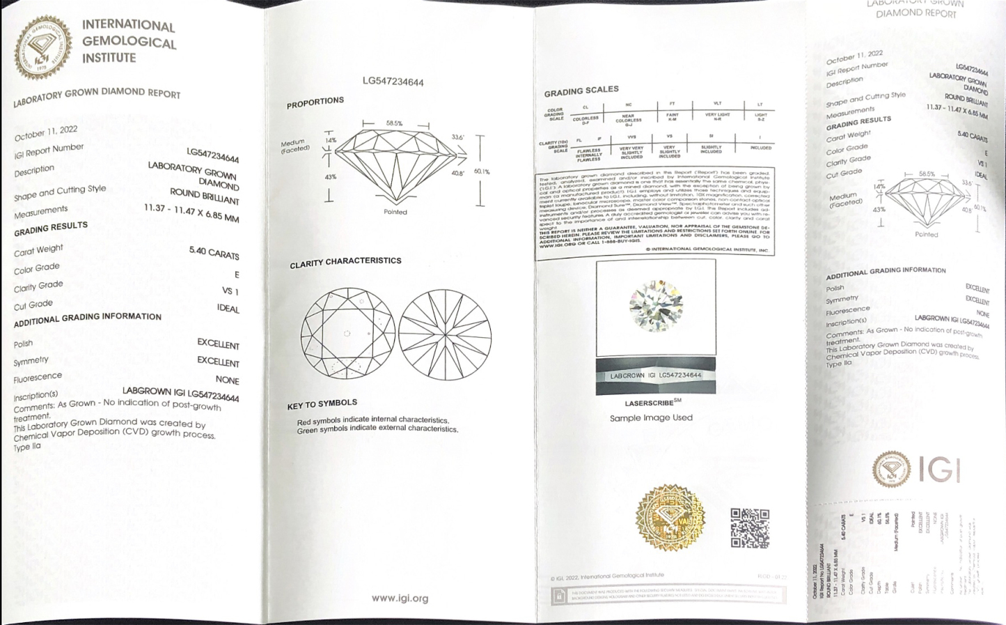 CVD LG547234644 Round Shape 5.40CT E VS1 ID EX EX Lab Grown Diamond