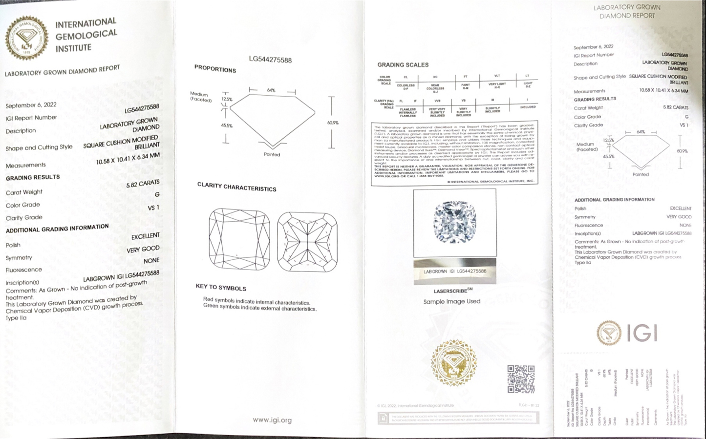 CVD LG544275588 Square Cushion Modified Brilliant 5.82CT G VS1 EX VG Lab Grown Diamond