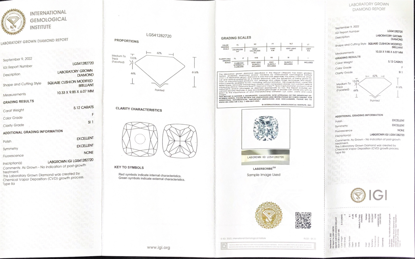 CVD LG541282720 Square Cushion Modified Brilliant 5.12CT F SI1 EX EX Lab Grown Diamond