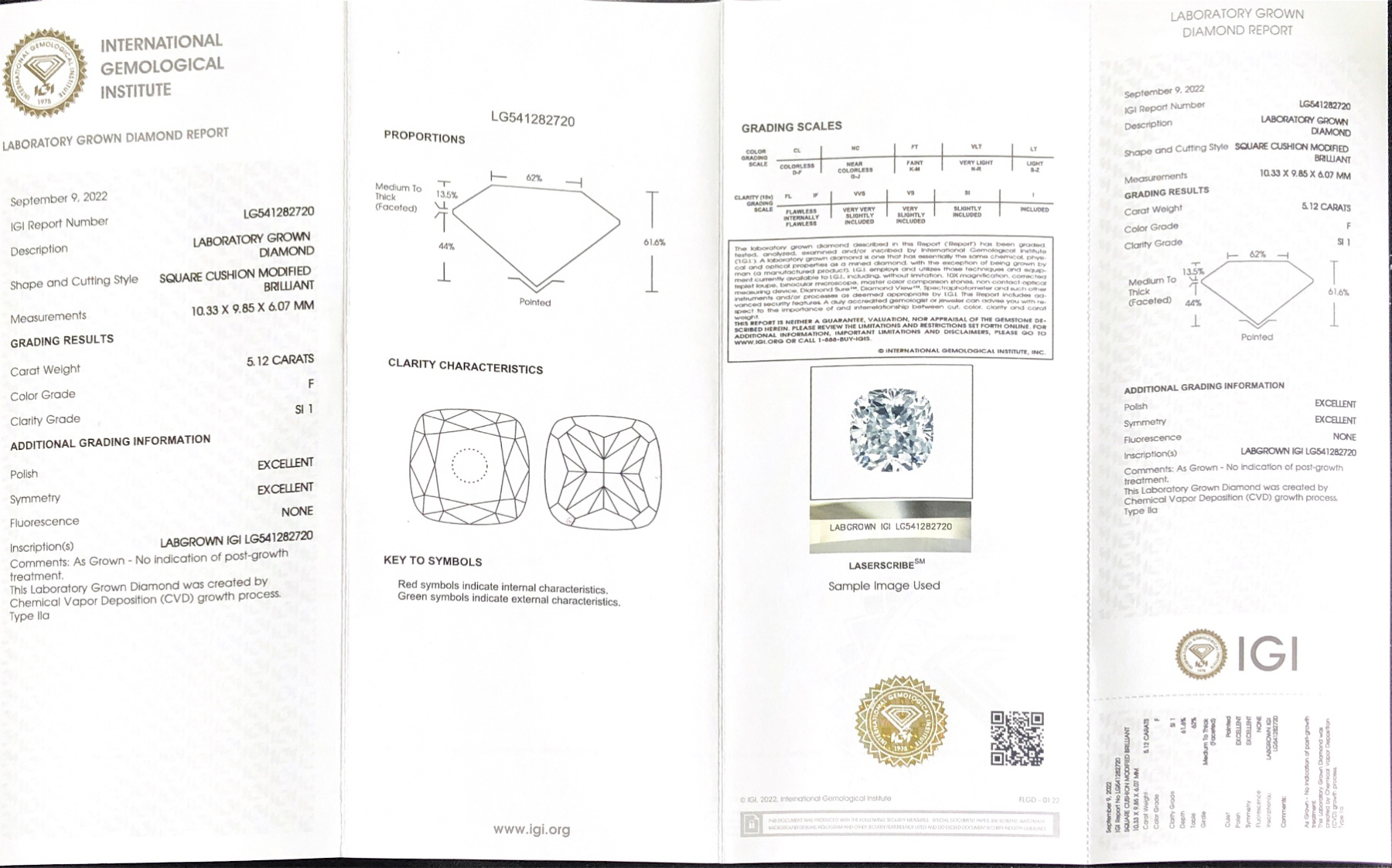 CVD LG541282720 Square Cushion Modified Brilliant 5.12CT F SI1 EX EX Lab Grown Diamond