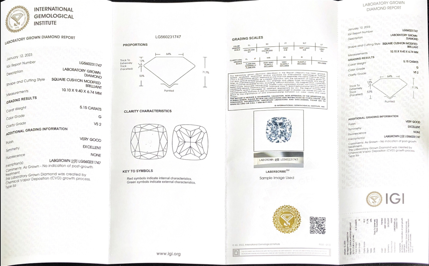 CVD LG560231747 Square Cushion Modified Brilliant 5.15CT G VS2 VG EX Lab Grown Diamond