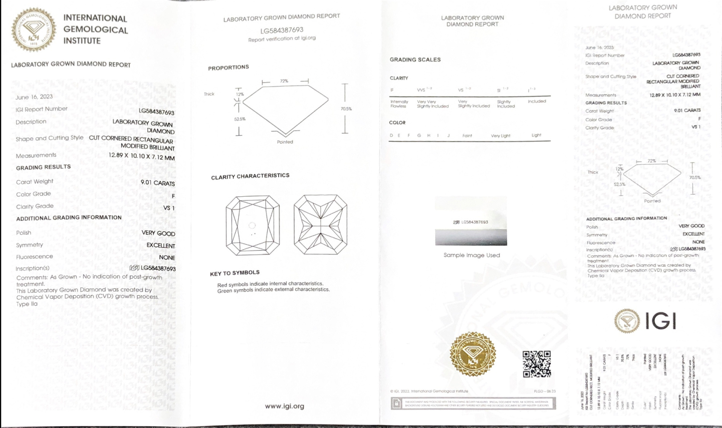 CVD LG584387693 Cut Cornered Rectangular Modified Brilliant 9.01CT F VS1 VG EX Lab Grown Diamond