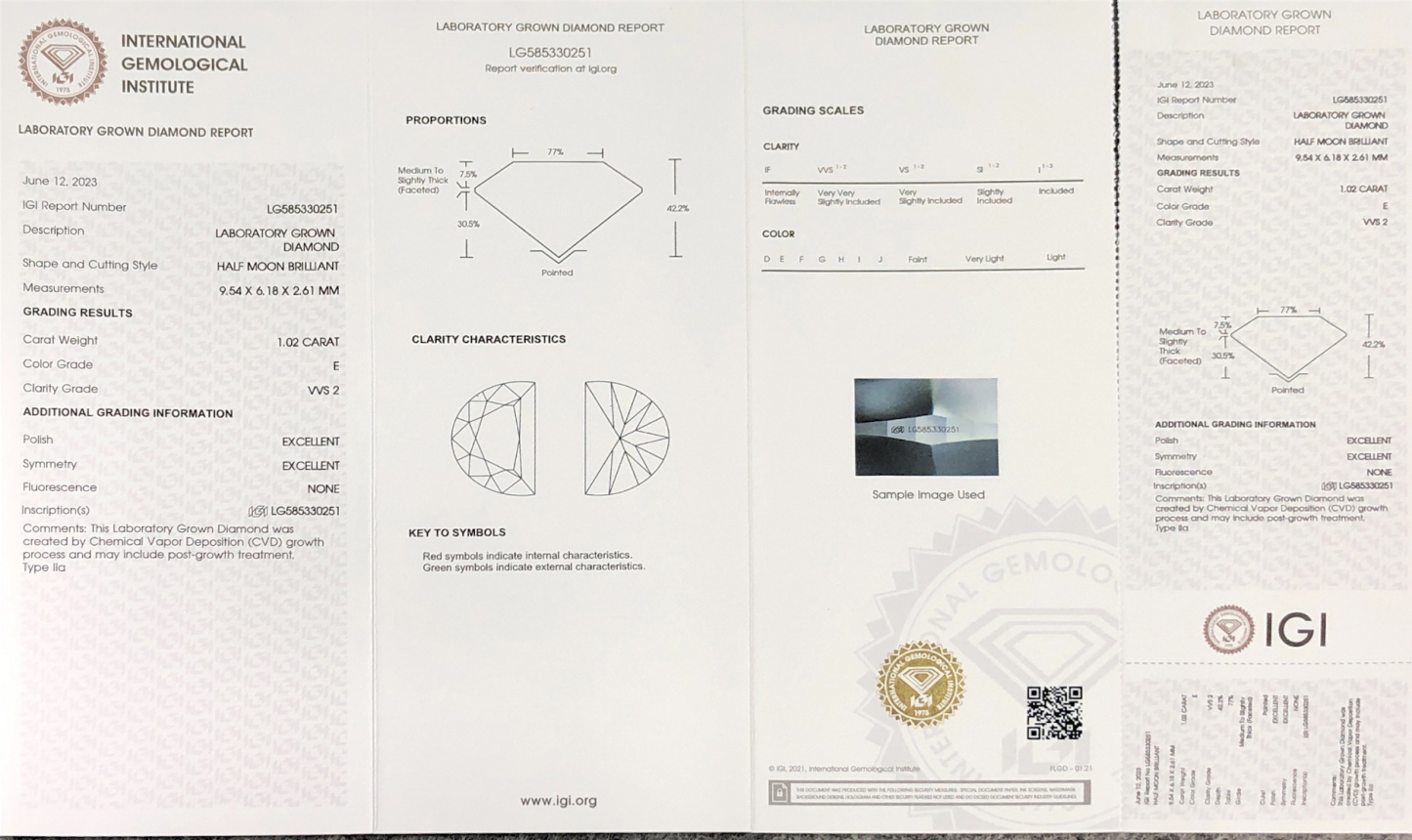 MissDiamond CVD LG585330251 HALF MOON BRILLIANT 1.02CT E VVS2 EX EX Lab Grown Diamond
