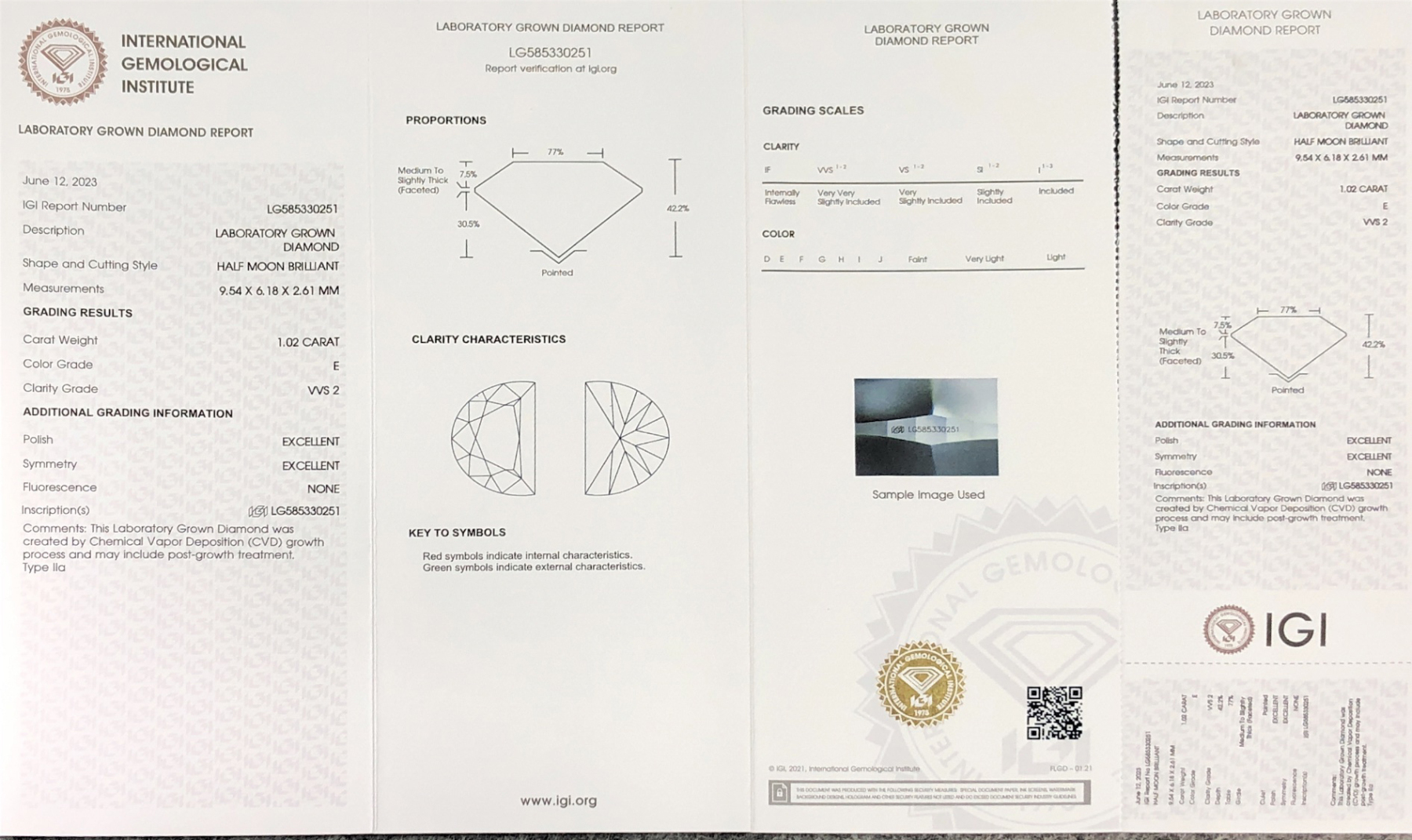 MissDiamond CVD LG585330251 HALF MOON BRILLIANT 1.02CT E VVS2 EX EX Lab Grown Diamond