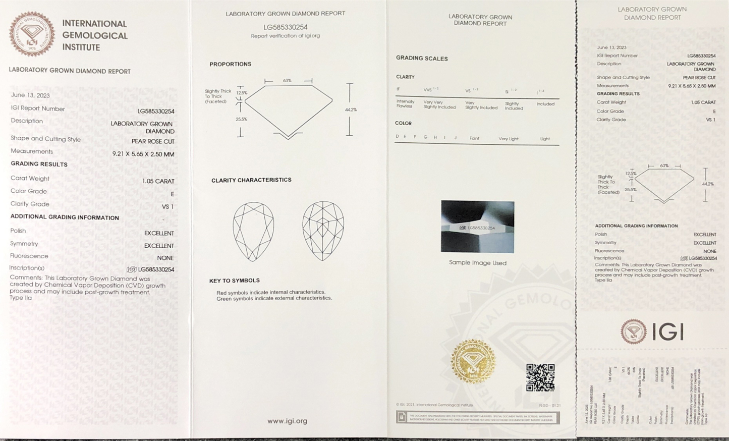 MissDiamond CVD LG585330254 Pear Rose Cut 1.05CT E VS1 EX EX Lab Grown Diamond