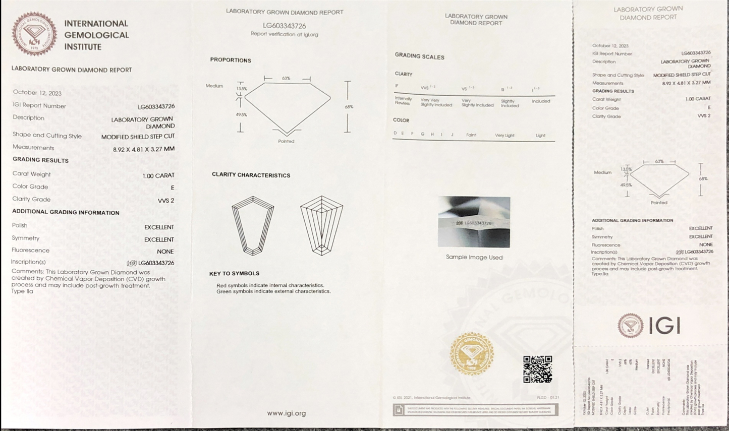 MissDiamond CVD LG603343726 Modified Shield Step Cut 1.00CT E VVS2 EX EX Lab Grown Diamond