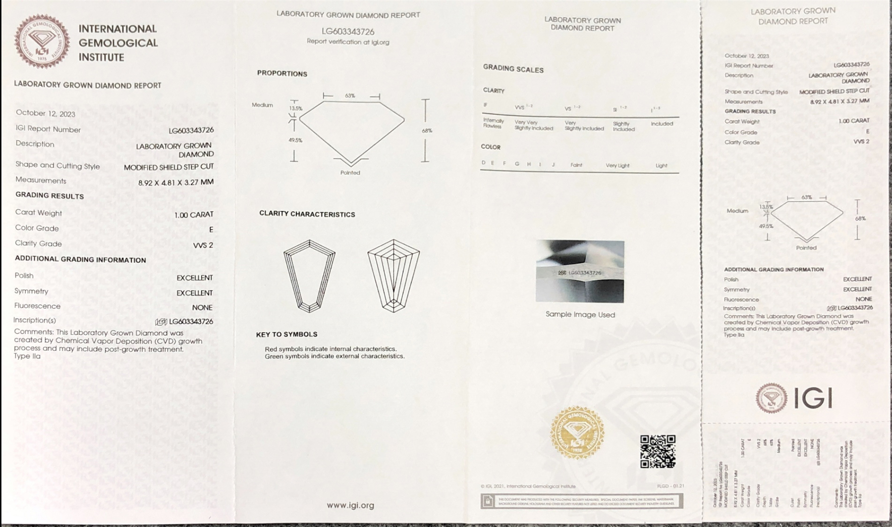 MissDiamond CVD LG603343726 Modified Shield Step Cut 1.00CT E VVS2 EX EX Lab Grown Diamond