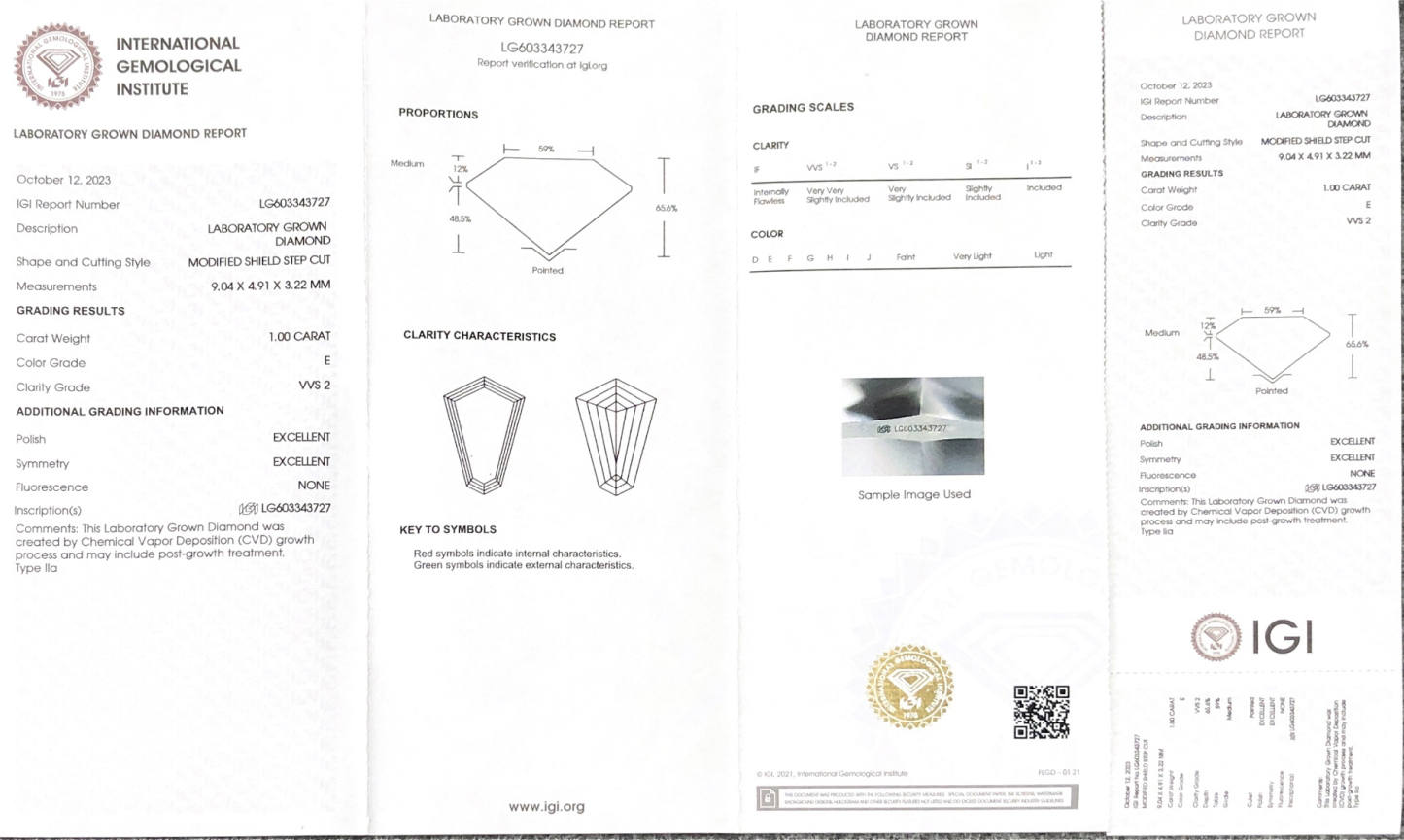 MissDiamond CVD LG603343727 Modified Shield Step Cut 1.00CT E VVS2 EX EX Lab Grown Diamond