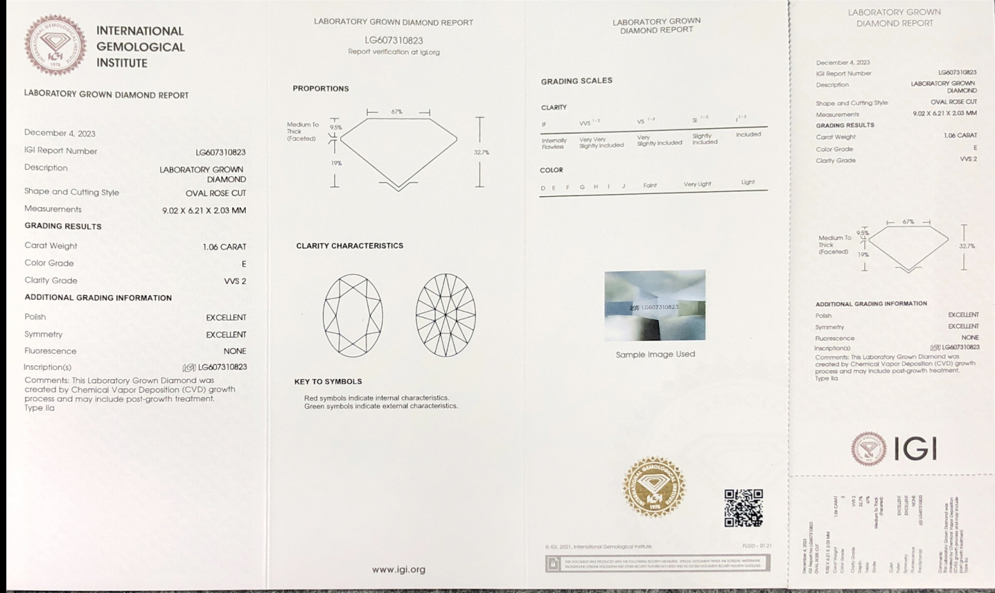 MissDiamond CVD LG607310823 Oval Rose Cut 1.06CT E VVS2 EX EX Lab Grown Diamond