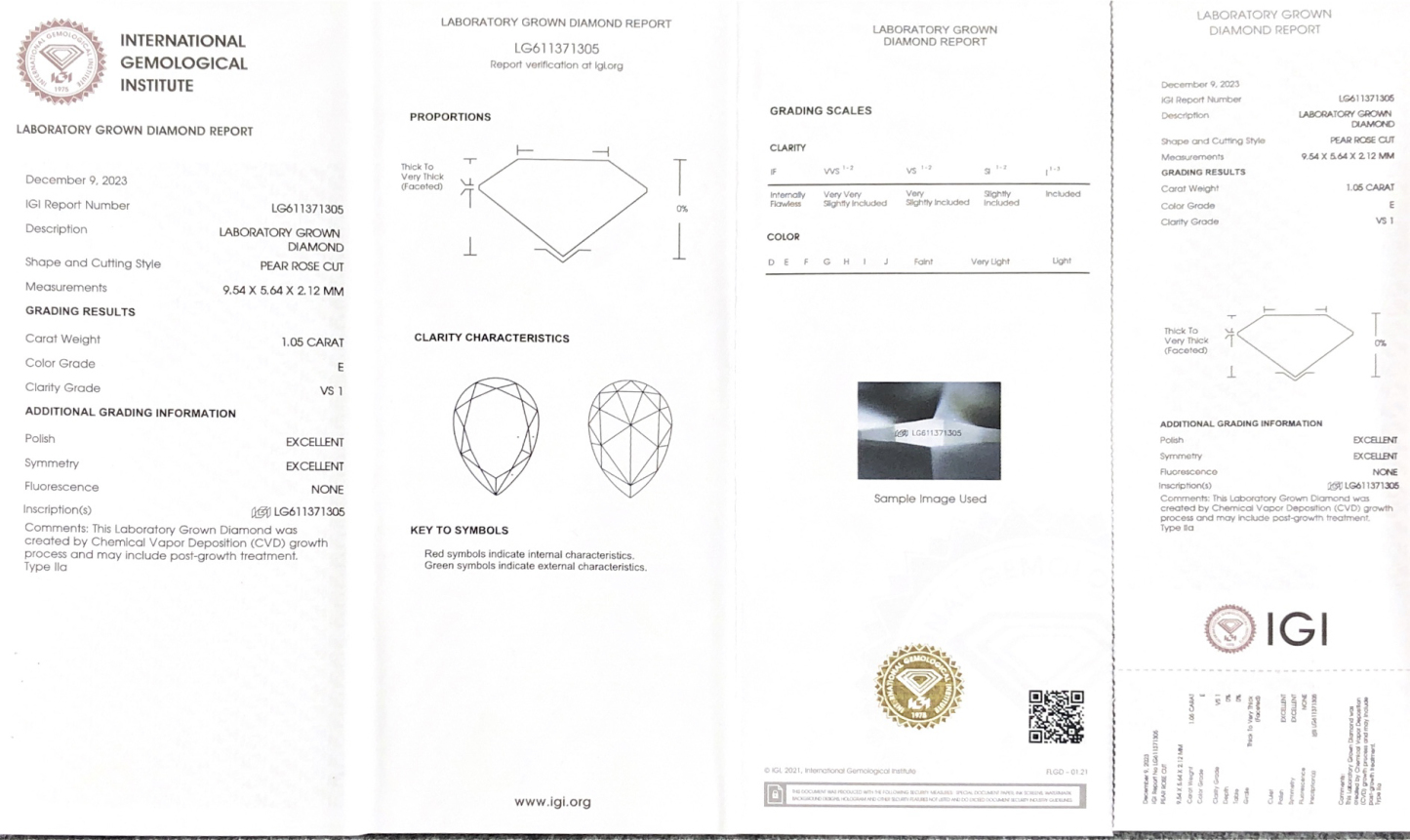 MissDiamond CVD LG611371305 Pear Rose Cut 1.05CT E VS1 EX EX Lab Grown Diamond
