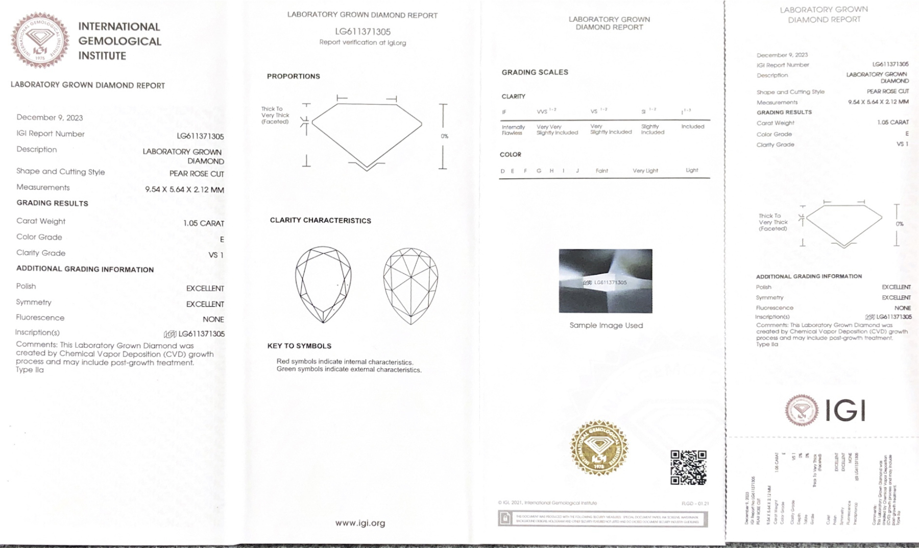MissDiamond CVD LG611371305 Pear Rose Cut 1.05CT E VS1 EX EX Lab Grown Diamond