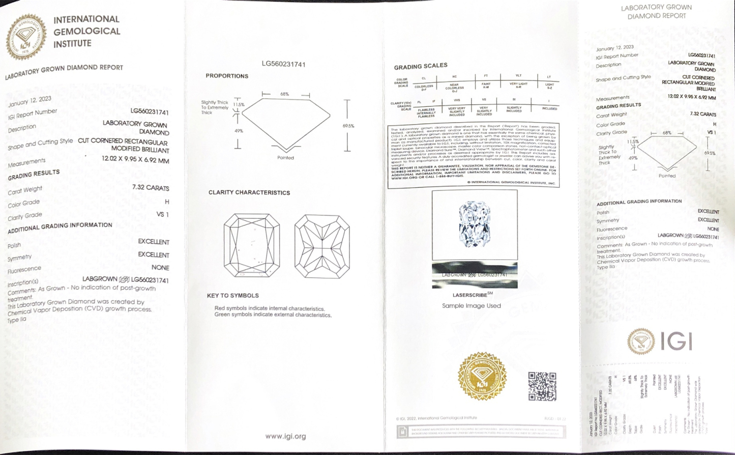 CVD LG560231741 Cut Cornered Rectangular Modified Brilliant 7.32CT H VS1 EX EX Lab Grown Diamond