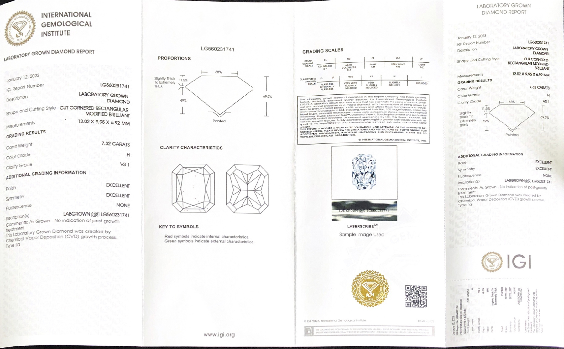 CVD LG560231741 Cut Cornered Rectangular Modified Brilliant 7.32CT H VS1 EX EX Lab Grown Diamond