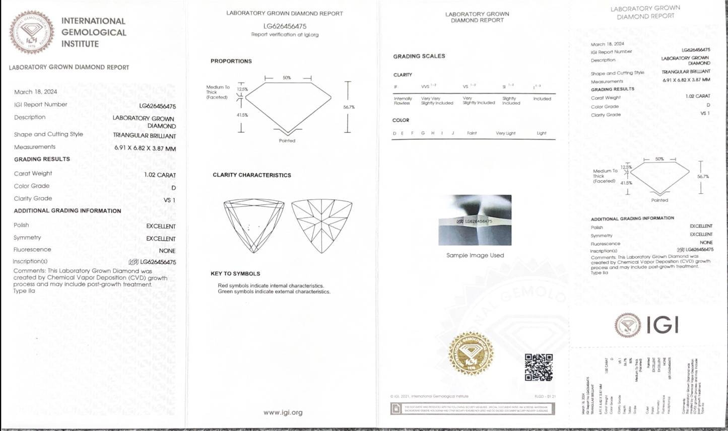 MissDiamond CVD LG626456475 Triangular Brilliant 1.02CT D VS1 EX EX Lab Grown Diamond