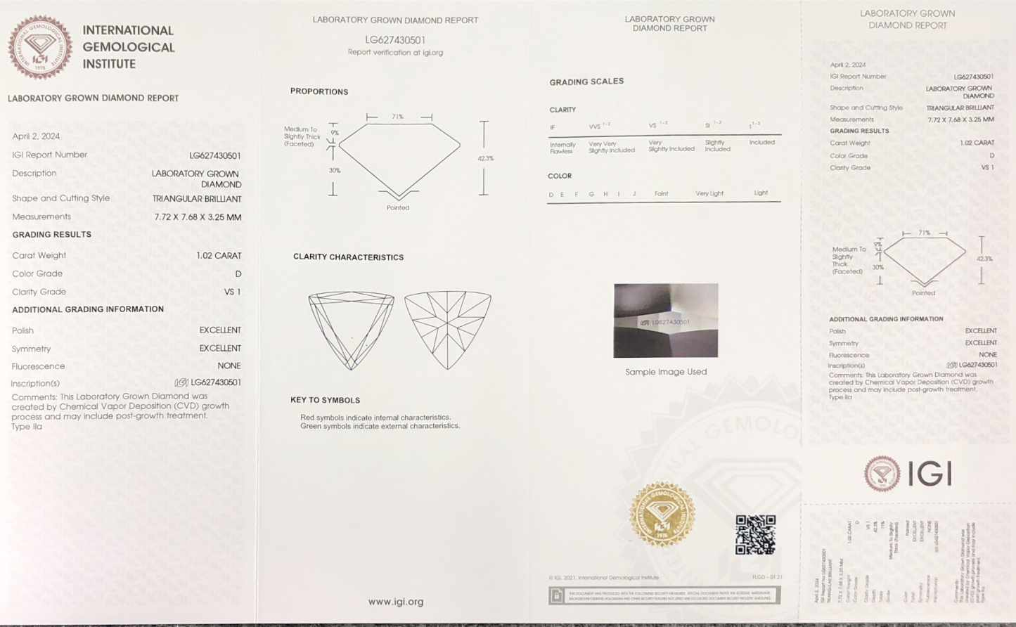 MissDiamond CVD LG627430501 Triangular Brilliant 1.02CT D VS1 EX EX Lab Grown Diamond