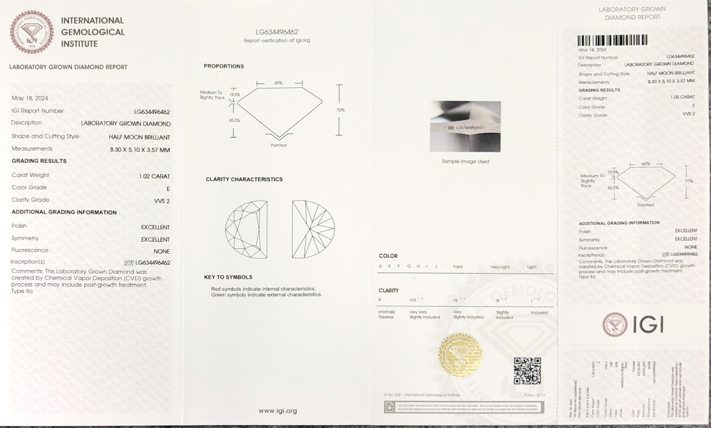 MissDiamond CVD LG634496462 Half Moon Brillant 1.02CT E VVS2 EX EX Lab Grown Diamond