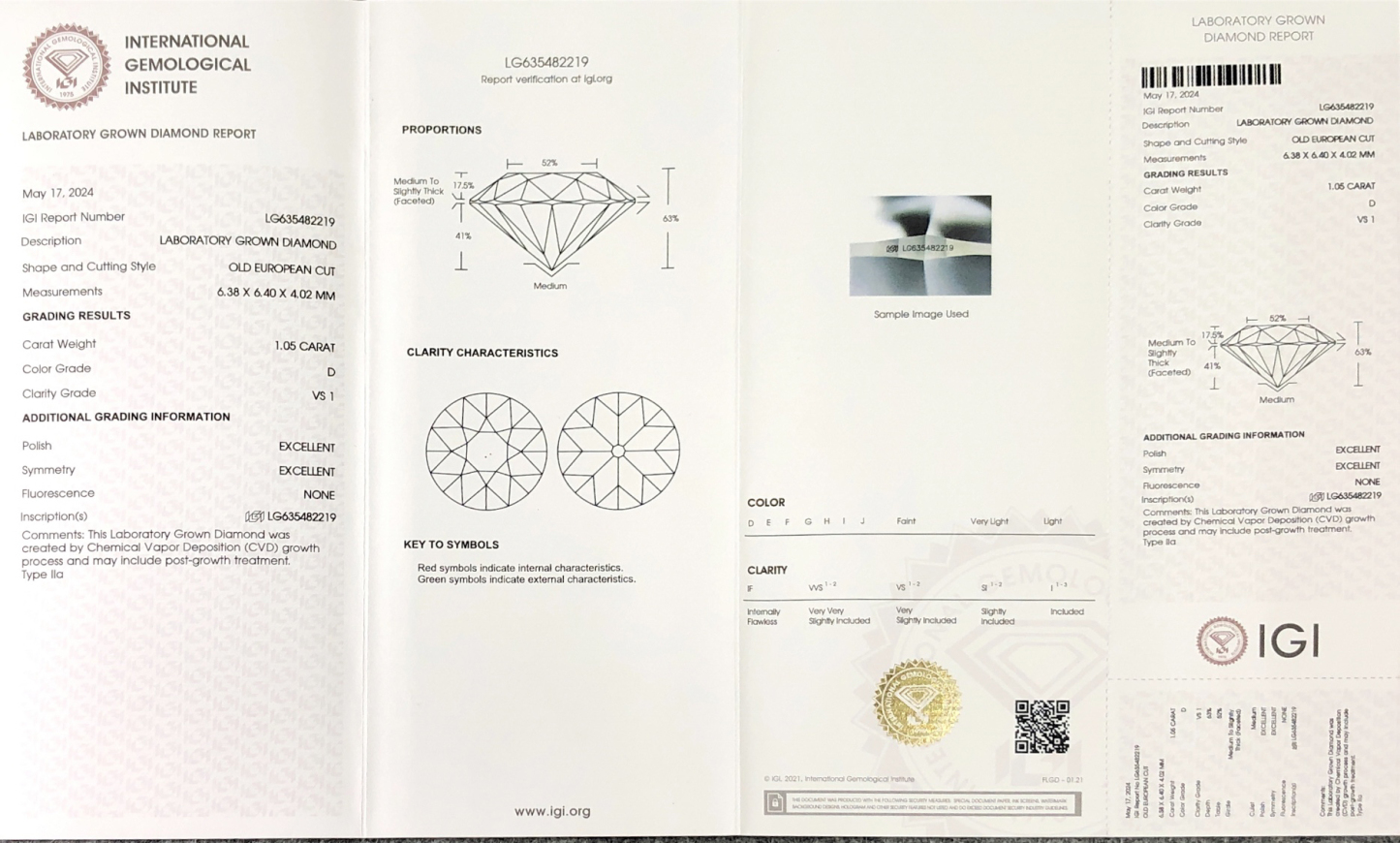 MissDiamond CVD LG635482219 Old European Cut 1.05CT D VS1 EX EX Lab Grown Diamond