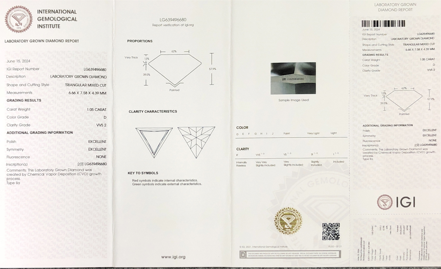 MissDiamond CVD LG639496680 Triangular Mixed Cut 1.05CT D VVS2 EX EX Lab Grown Diamond