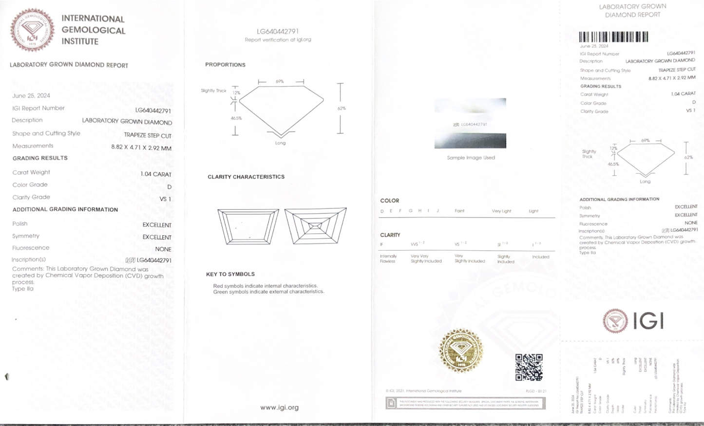 MissDiamond CVD LG640442791 Trapeze Step Cut 1.04CT D VS1 EX EX Lab Grown Diamond
