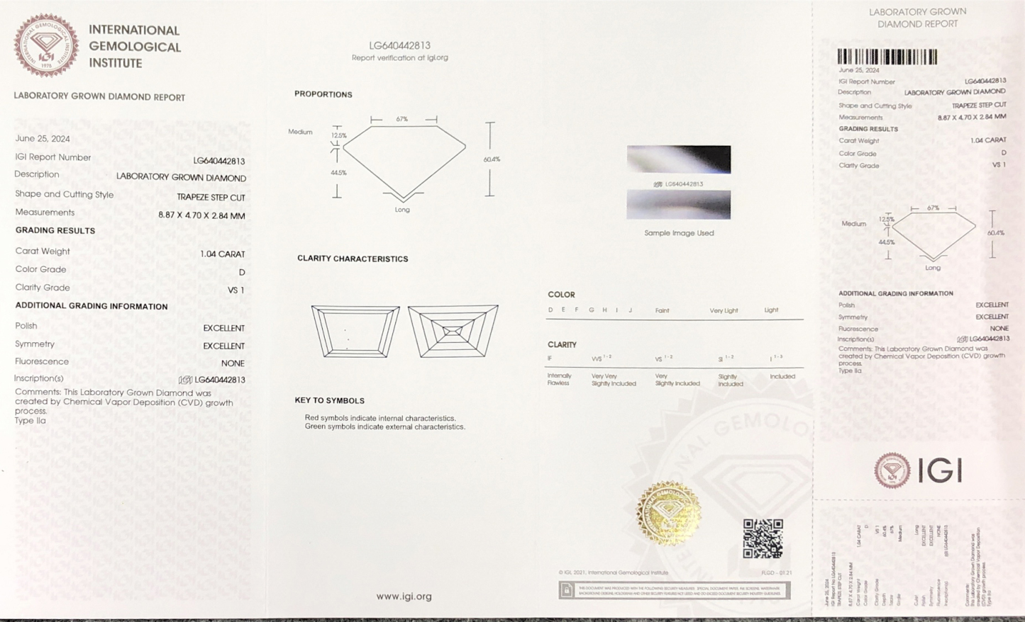 MissDiamond CVD LG640442813 Trapeze Step Cut 1.04CT D VS1 EX EX Lab Grown Diamond
