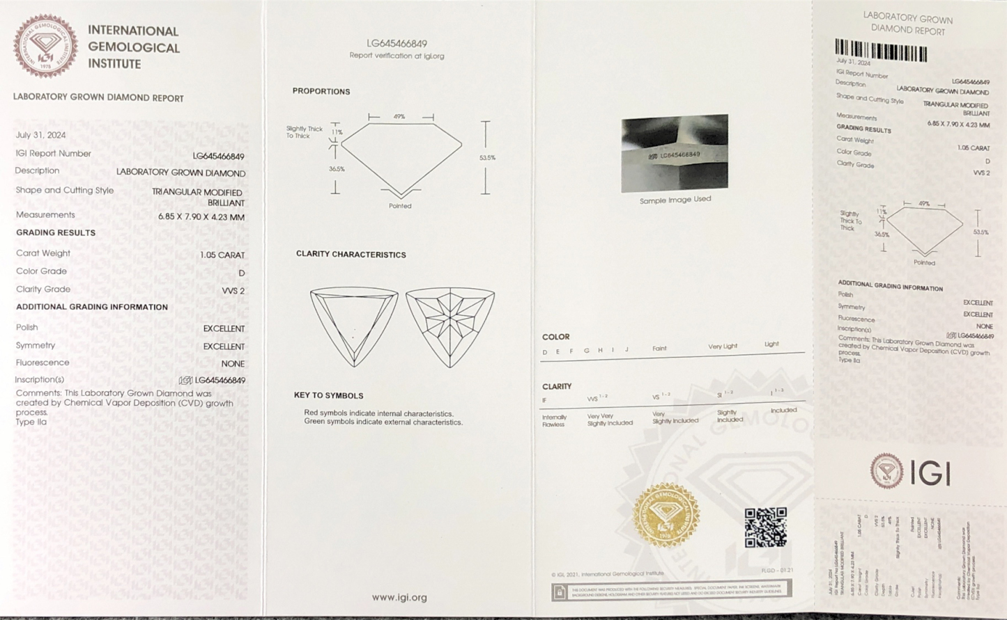 MissDiamond CVD LG645466849 Triangular Modified Brilliant 1.05CT D VVS2 EX EX Lab Grown Diamond