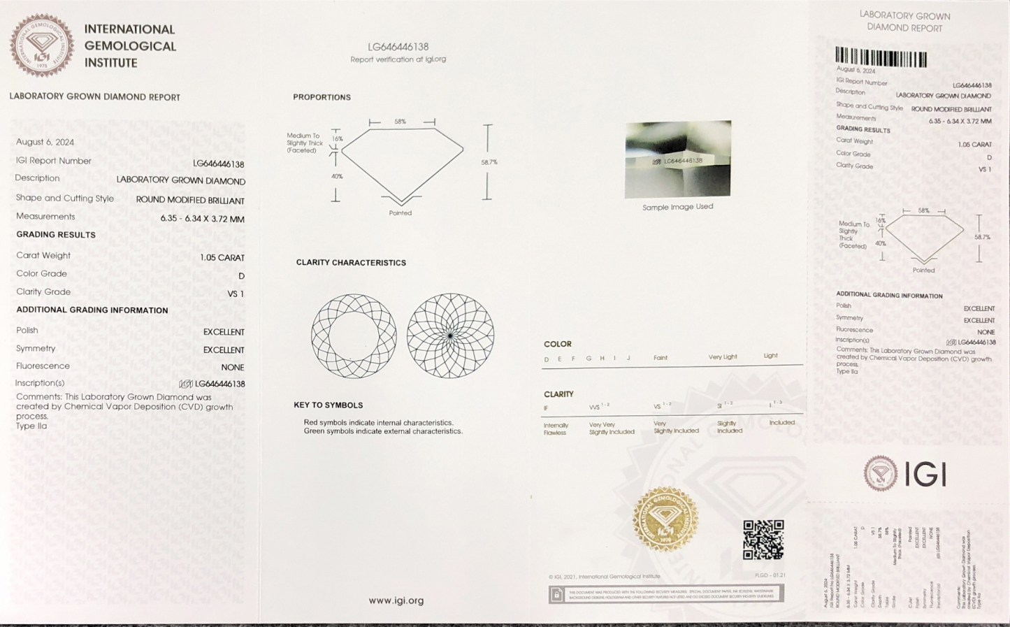 MissDiamond CVD LG646446138 Round Modified Brilliant 1.05CT D VS1 EX EX Lab Grown Diamond