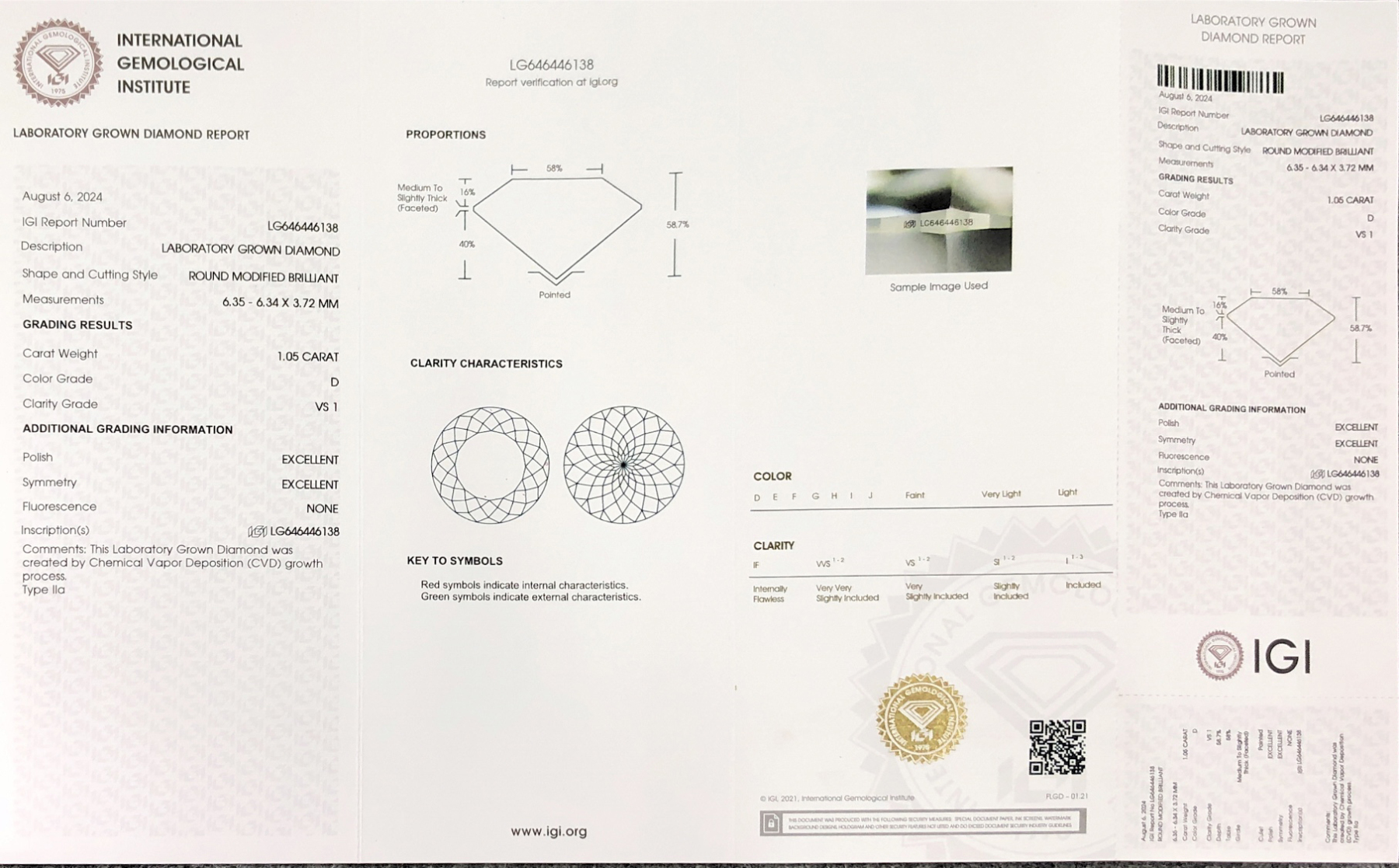MissDiamond CVD LG646446138 Round Modified Brilliant 1.05CT D VS1 EX EX Lab Grown Diamond