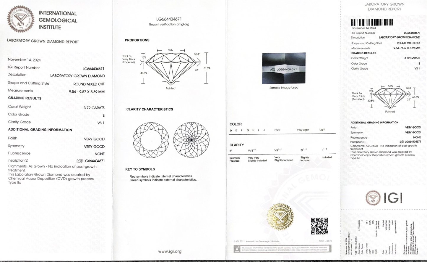 MissDiamond CVD LG664404671 Roud Mixed Cut 3.72CT E VS1 VG VG Lab Grown Diamond