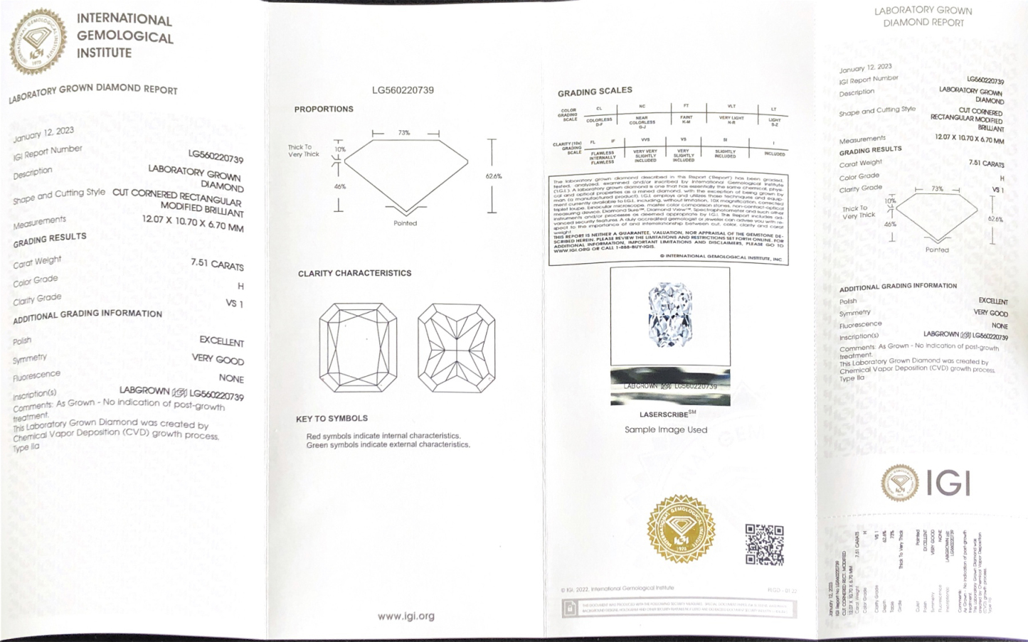 CVD LG560220739 Cut Cornered Rectangular Modified Brilliant 7.51CT H VS1 EX VG Lab Grown Diamond