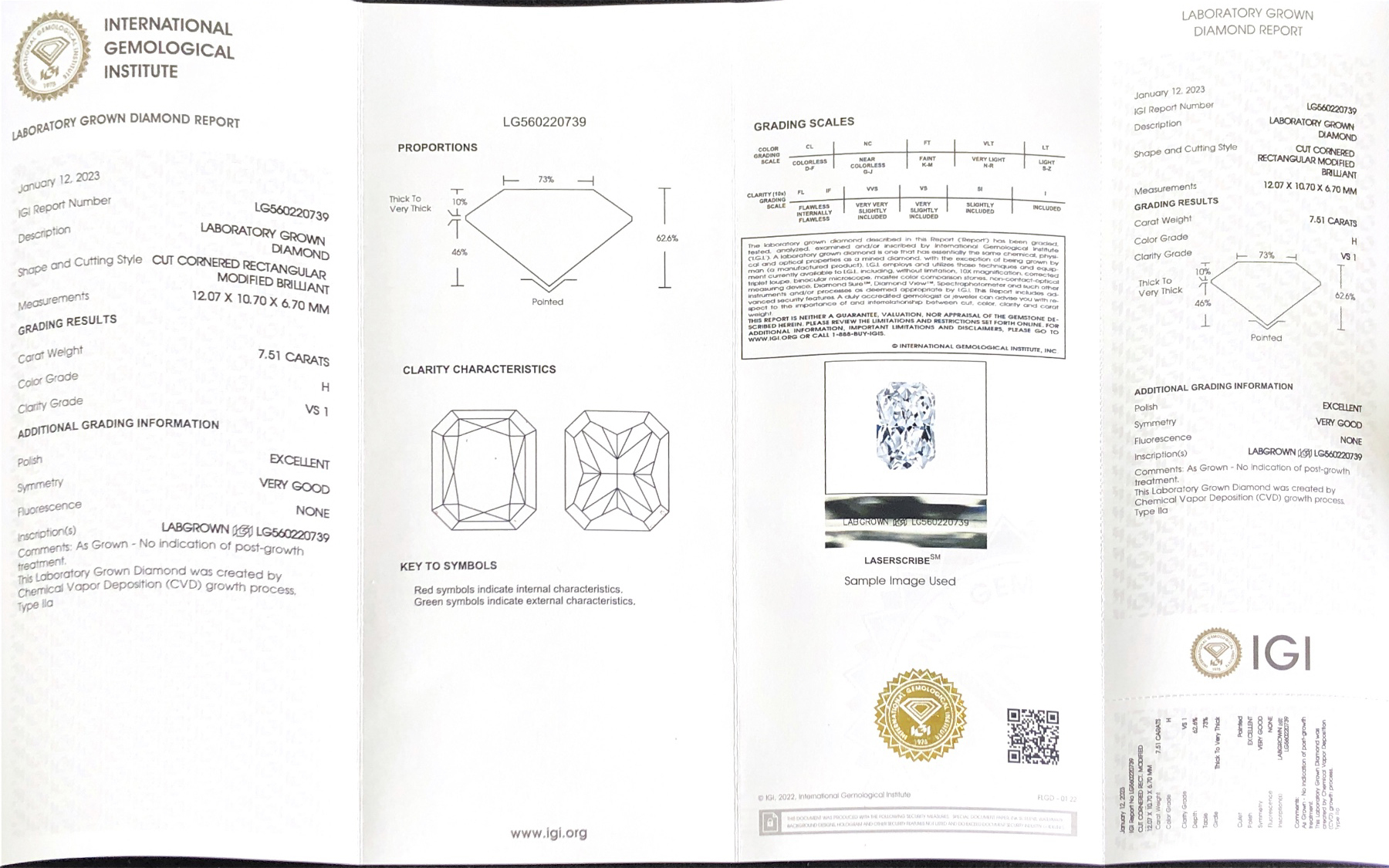 CVD LG560220739 Cut Cornered Rectangular Modified Brilliant 7.51CT H VS1 EX VG Lab Grown Diamond