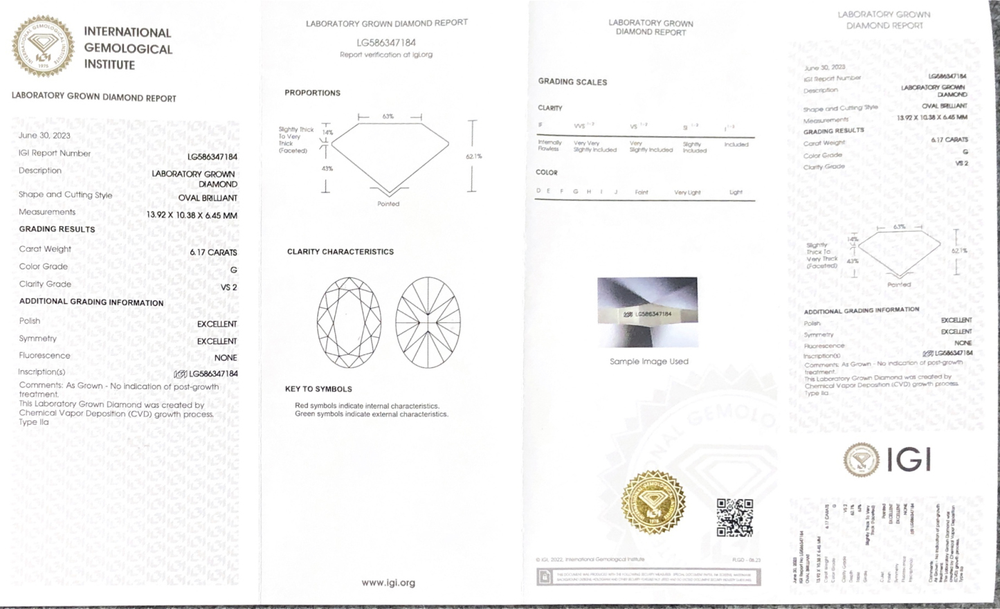 MissDiamond CVD LG586347184 Oval Cut 6.17CT G VS2 EX EX Lab Grown Diamond