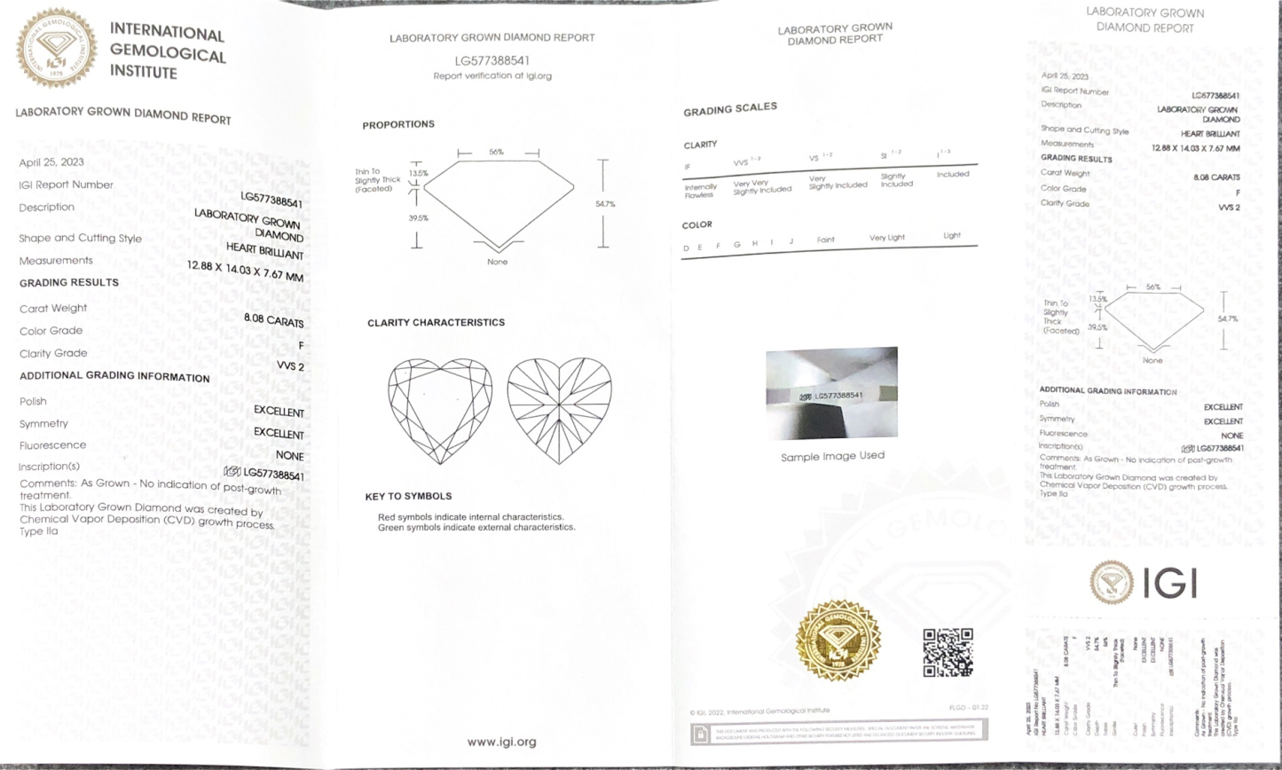 MissDiamond CVD LG577388541 Heart Shape 8.08CT F VVS2 EX EX Lab Grown Diamond