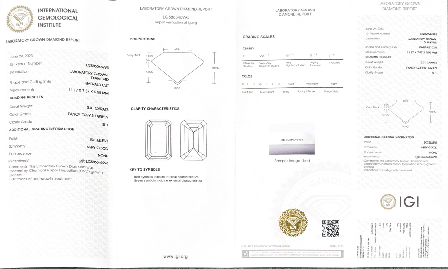 MissDiamond CVD LG586346993 Emerald Cut fancy Greyish Green5.01CT SI1 EX VG Lab Grown Diamond