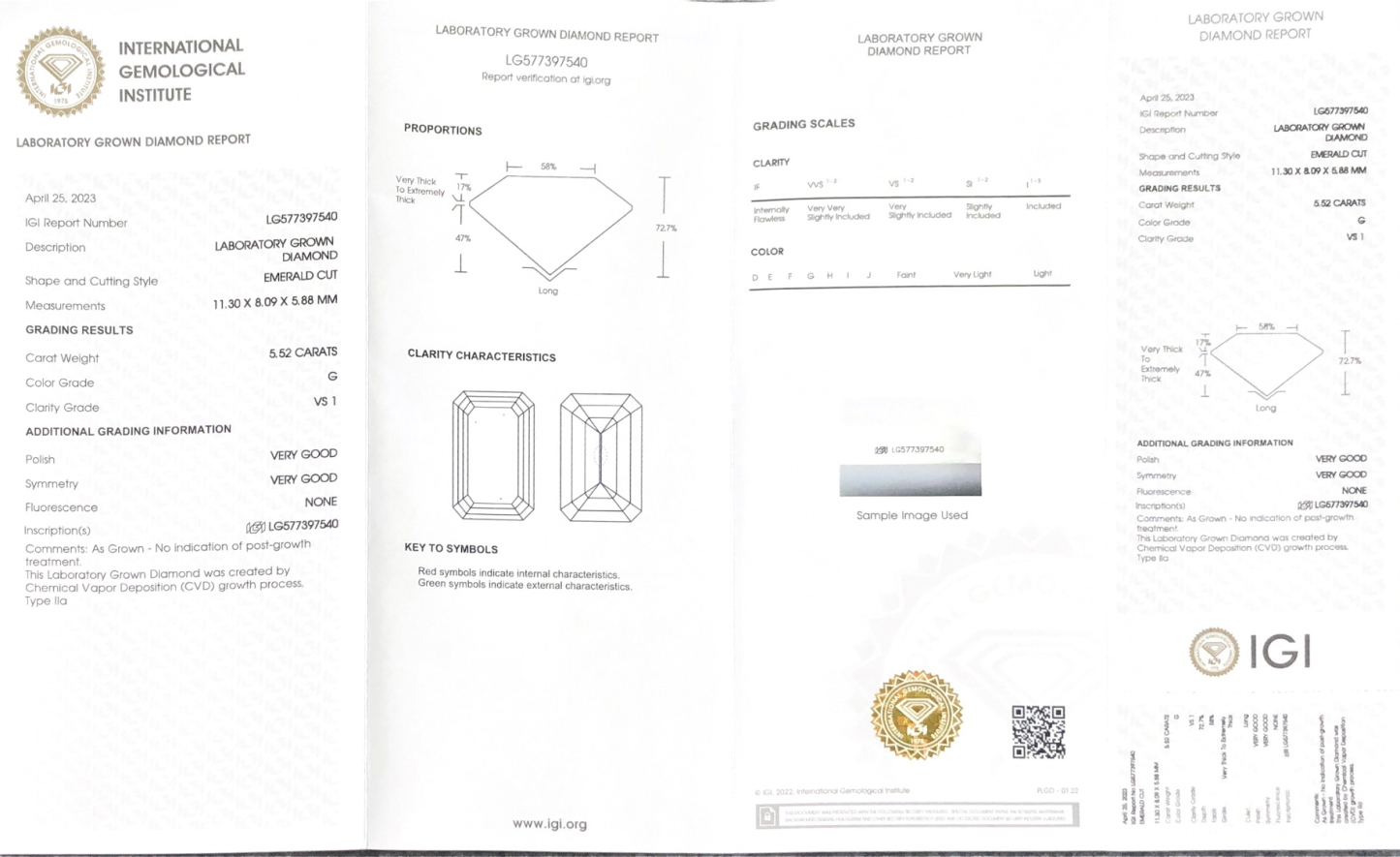 MissDiamond CVD LG577397540 Emerald Shape 5.52CT G VS1 VG VG Lab Grown Diamond
