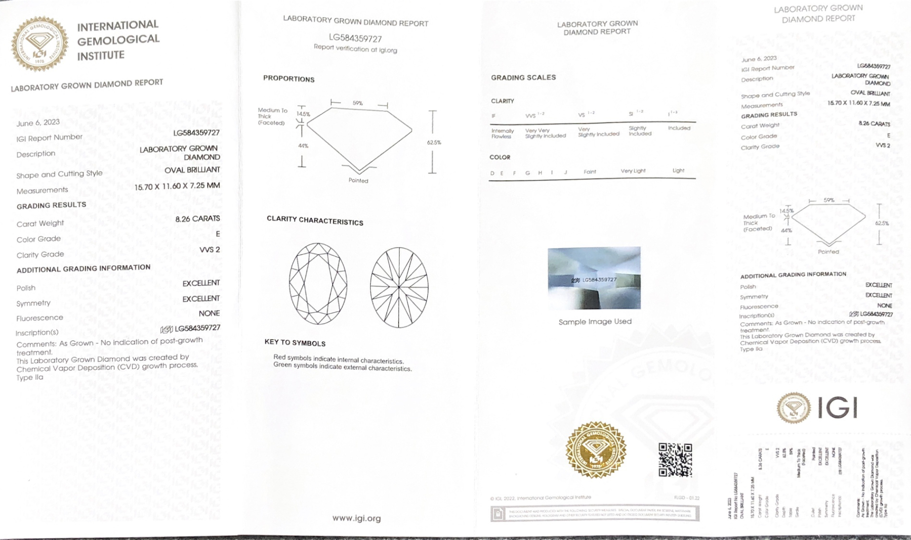 MissDiamond CVD LG584359727 Oval Cut 8.26CT E VVS2 EX EX Lab Grown Diamond