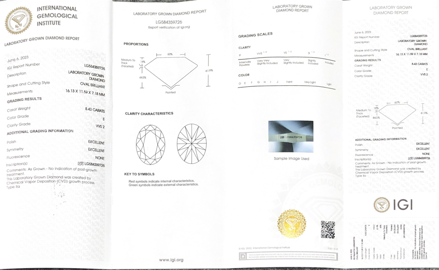 MissDiamond CVD LG584359726 Oval Cut 8.43CT E VVS2 EX EX Lab Grown Diamond
