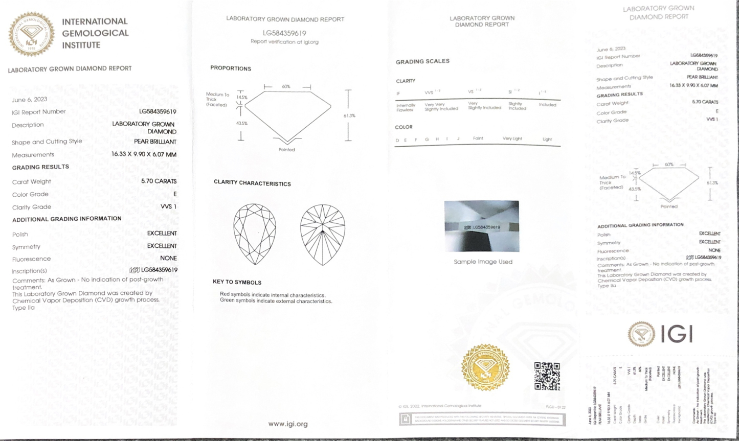 MissDiamond CVD LG584359619 Pear Cut 5.70CT E VVS1 EX EX Lab Grown Diamond