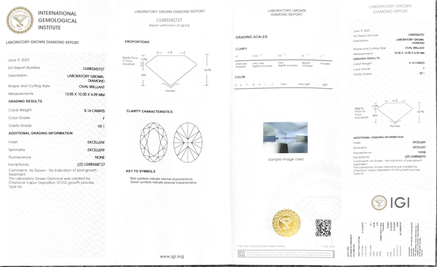 MissDiamond CVD LG583342727 Oval Cut 5.16CT F VS1 EX EX Lab Grown Diamond