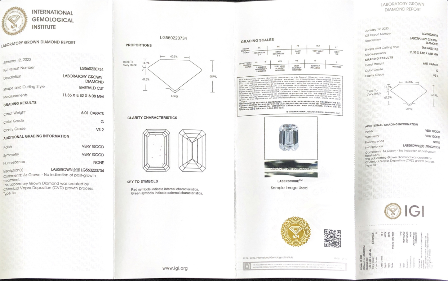 CVD LG560220734 Emerald Shape 6.01CT G VS2 VG VG Lab Grown Diamond