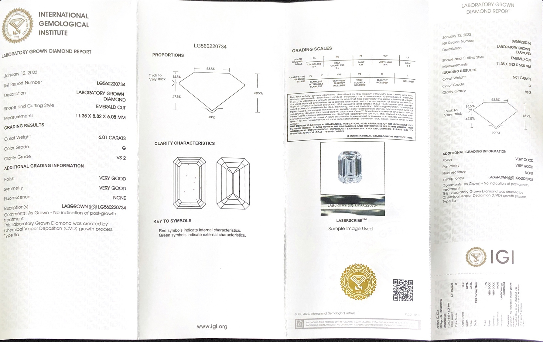 CVD LG560220734 Emerald Shape 6.01CT G VS2 VG VG Lab Grown Diamond