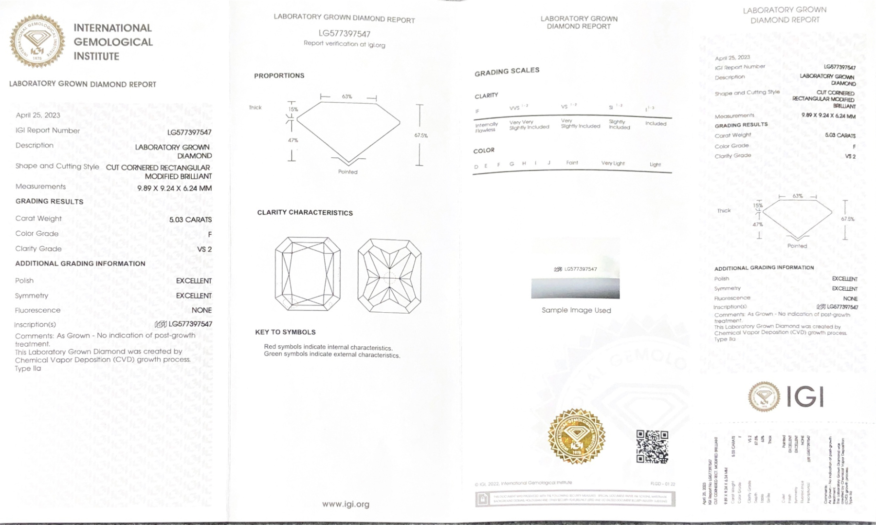 MissDiamond CVD LG577397547 Radiant Cut 5.03CT F VS2 EX EX Lab Grown Diamond