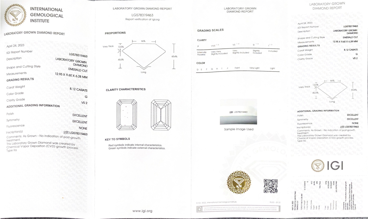 MissDiamond CVD LG578319463 Emerald Cut 8.12CT G VS2 EX EX Lab Grown Diamond